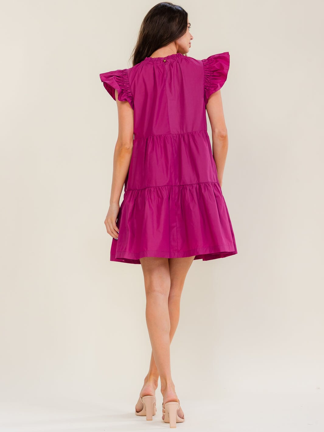 ENTRO WOMEN'S SHORT RUFFLE SLEEVE SMOCK FRONT POCKETS MINI DRESS