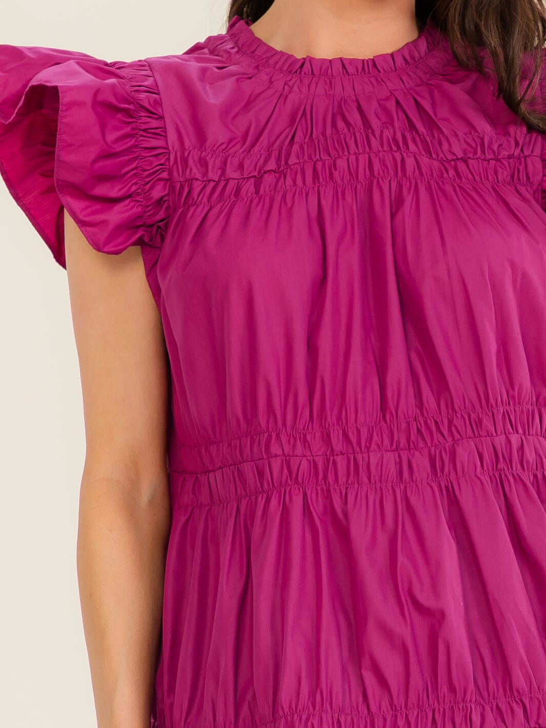 ENTRO WOMEN'S SHORT RUFFLE SLEEVE SMOCK FRONT POCKETS MINI DRESS