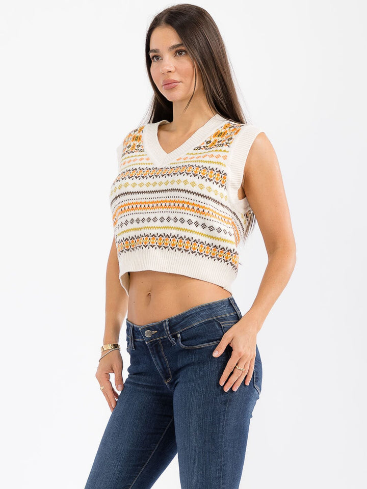 WOMEN'S SLEEVELESS V-NECK MULTI PRINT KNIT TANK TOP