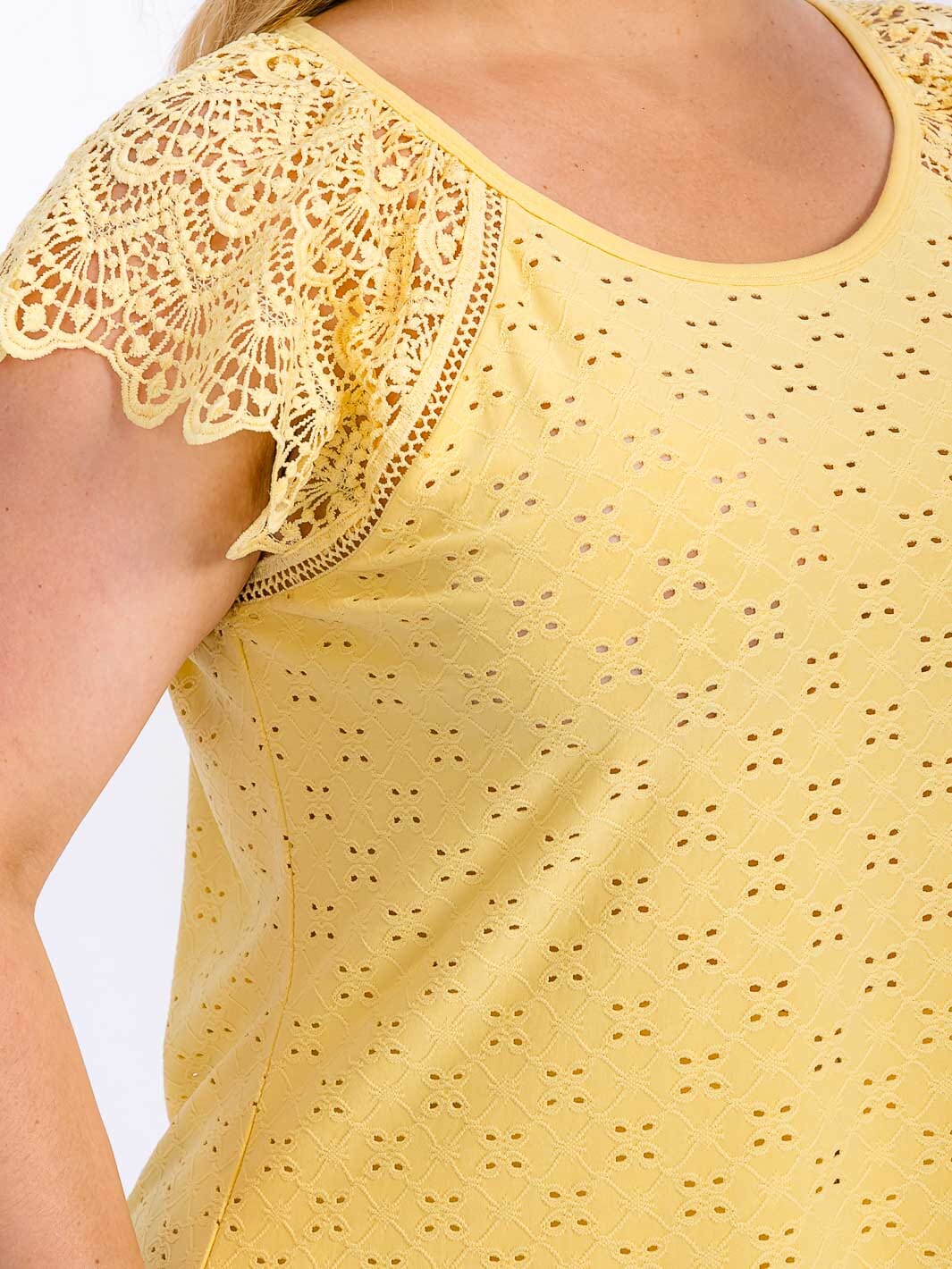 PLUS SIZE SHORT SLEEVE CROCHET EYELET BLOUSE