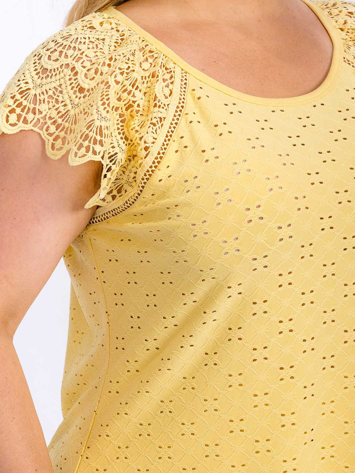 PLUS SIZE SHORT SLEEVE CROCHET EYELET BLOUSE