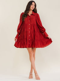 ENTRO WOMEN'S LONG SLEEVE V-NECK BUTTON UP TIERED LOOSE FIT MINI DRESS