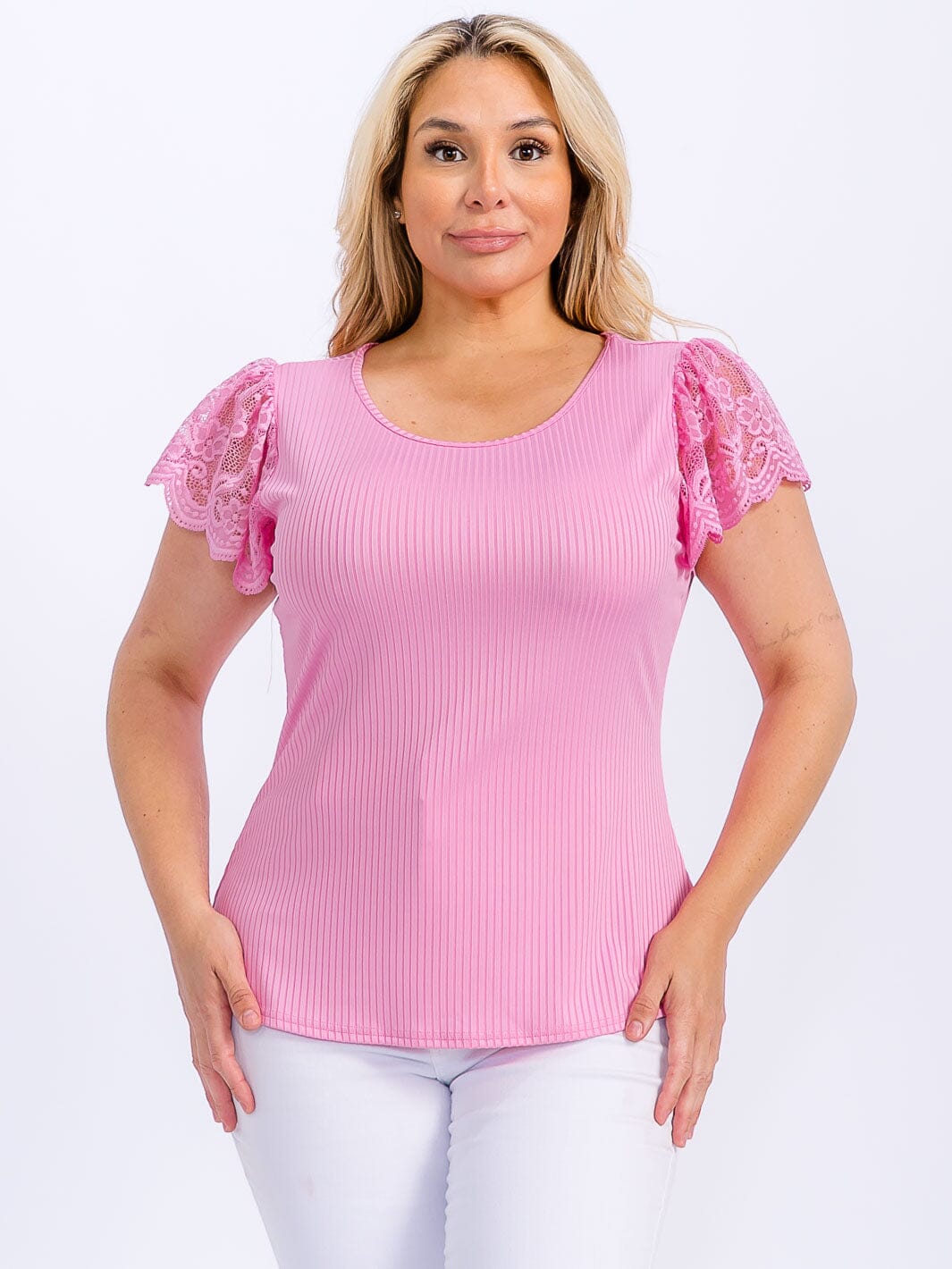 PLUS SIZE SHORT RUFFLE SLEEVE LACE RIBBED BLOUSE