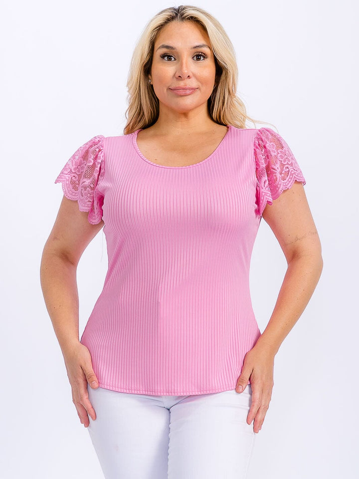 PLUS SIZE SHORT RUFFLE SLEEVE LACE RIBBED BLOUSE