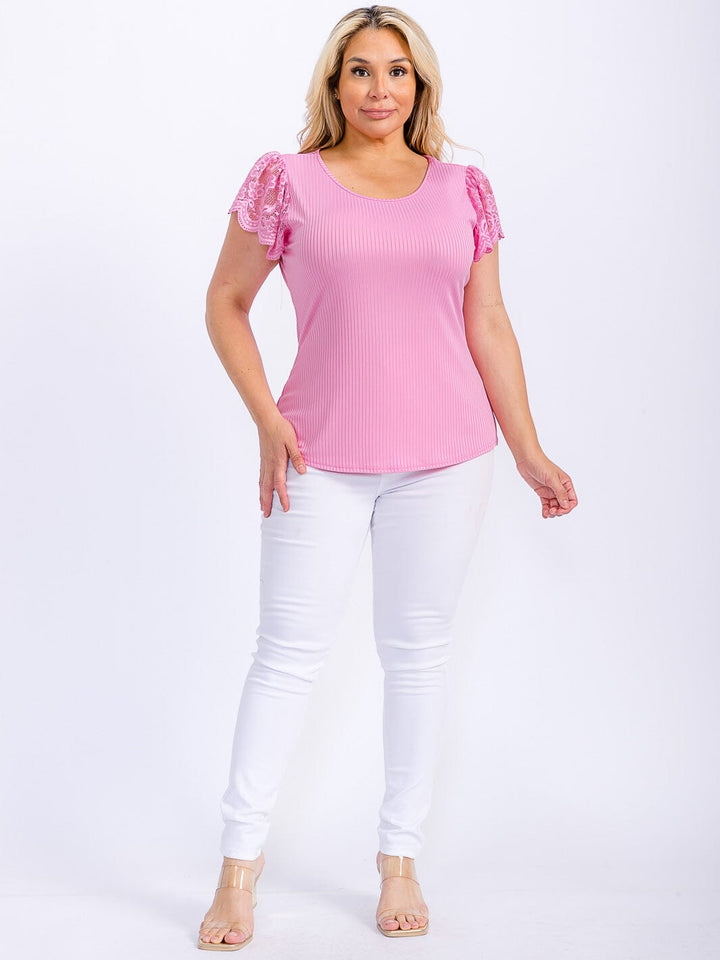 PLUS SIZE SHORT RUFFLE SLEEVE LACE RIBBED BLOUSE