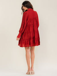 ENTRO WOMEN'S LONG SLEEVE V-NECK BUTTON UP TIERED LOOSE FIT MINI DRESS