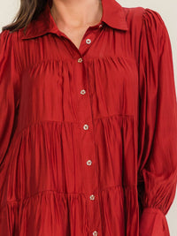 ENTRO WOMEN'S LONG SLEEVE V-NECK BUTTON UP TIERED LOOSE FIT MINI DRESS