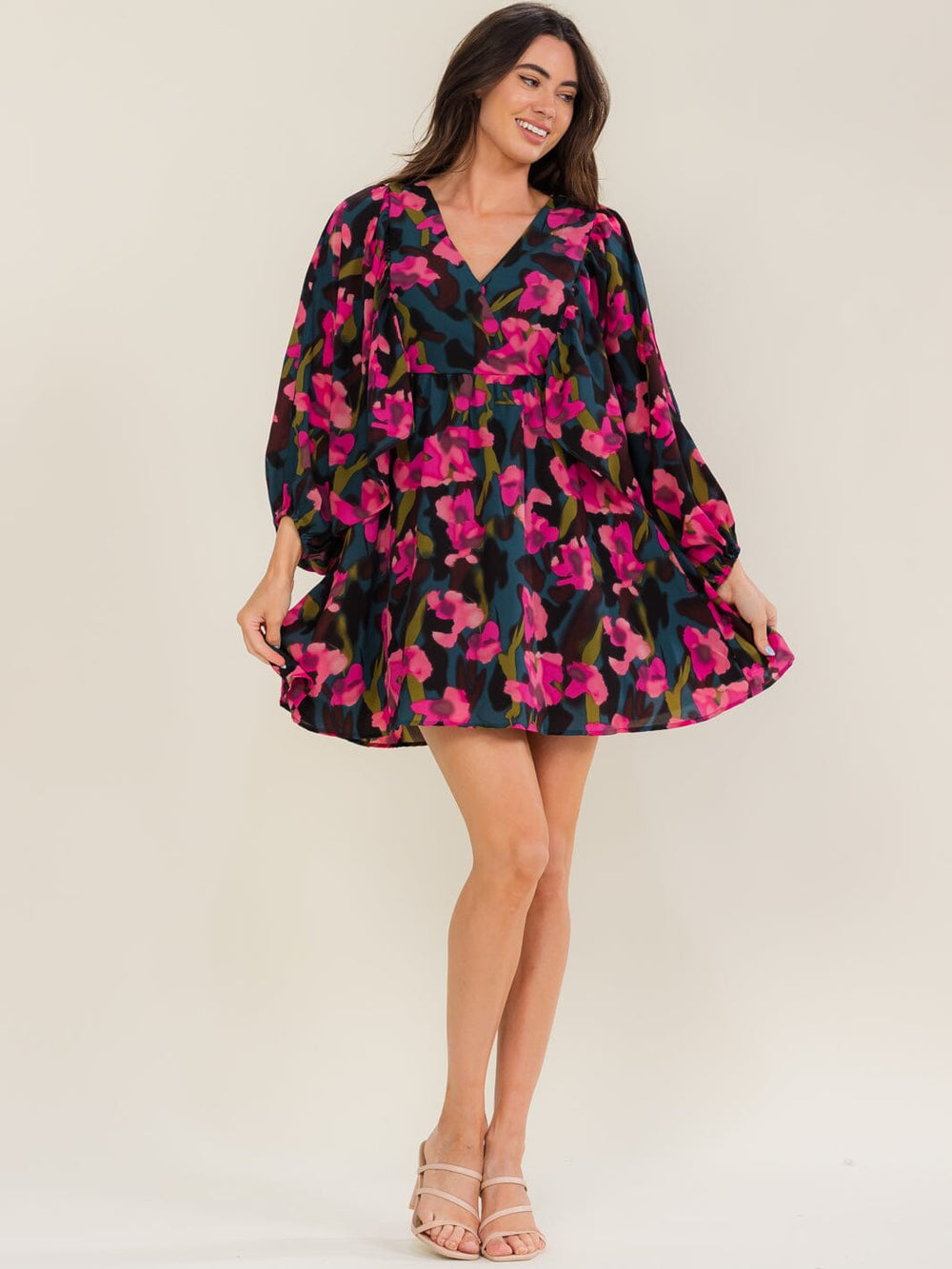 ENTRO WOMEN'S LONG SLEEVE SURPLICE FLORAL PRINT MINI DRESS
