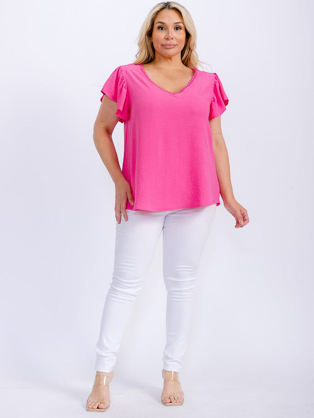 PLUS SIZE SHORT SLEEVE TRIM DETAILED V-NECK BLOUSE