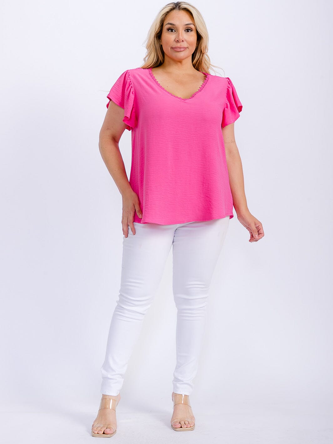 PLUS SIZE SHORT SLEEVE TRIM DETAILED V-NECK BLOUSE