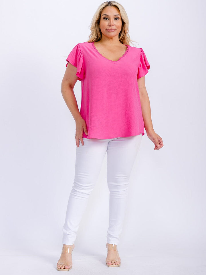 PLUS SIZE SHORT SLEEVE TRIM DETAILED V-NECK BLOUSE