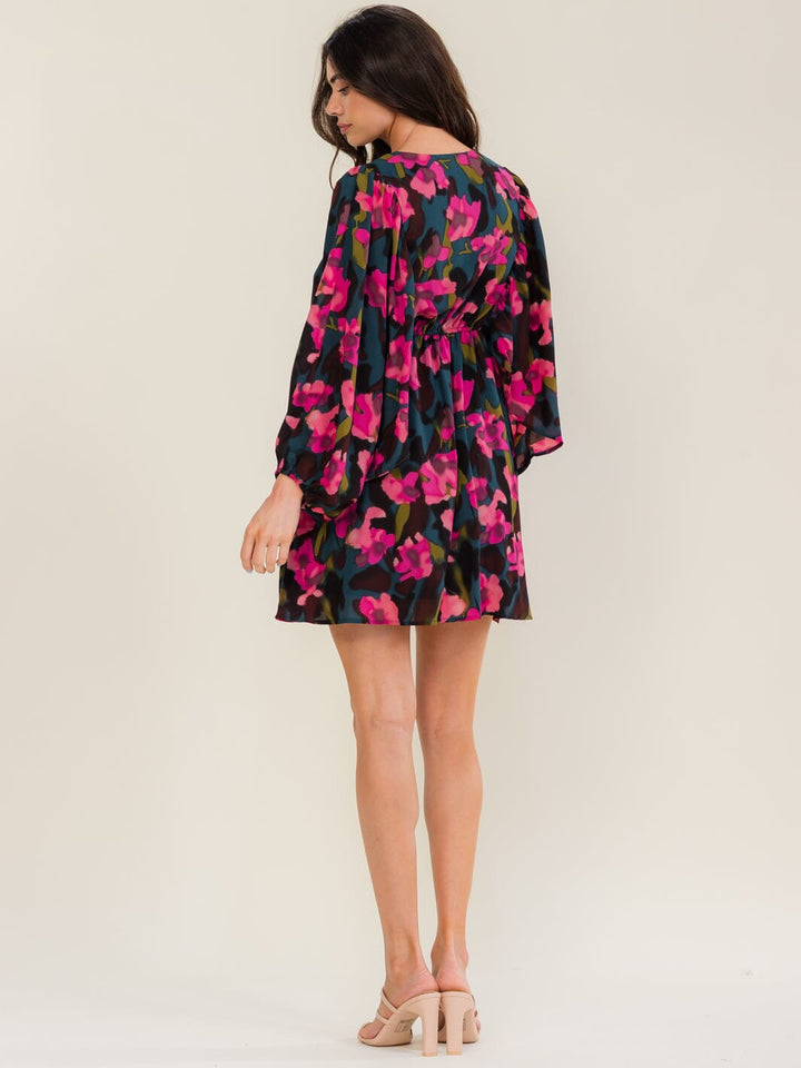 ENTRO WOMEN'S LONG SLEEVE SURPLICE FLORAL PRINT MINI DRESS
