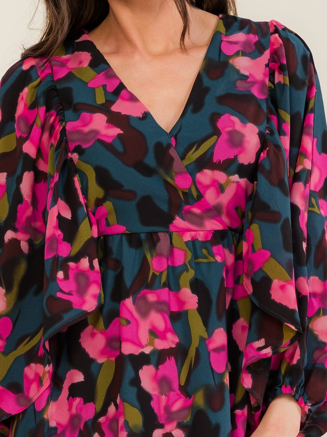 ENTRO WOMEN'S LONG SLEEVE SURPLICE FLORAL PRINT MINI DRESS