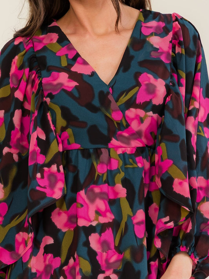ENTRO WOMEN'S LONG SLEEVE SURPLICE FLORAL PRINT MINI DRESS