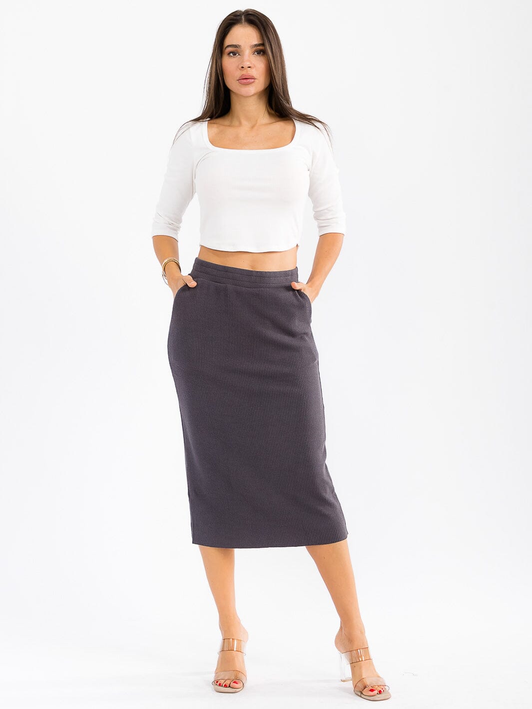 WOMEN'S ELASTIC WAIST FRONT POCKETS RIBBED MIDI SKIRT