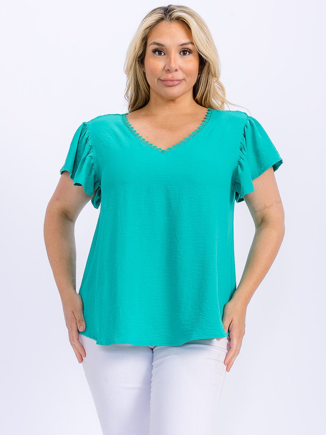 PLUS SIZE SHORT SLEEVE TRIM DETAILED V-NECK BLOUSE
