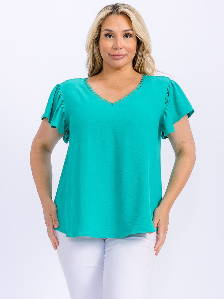 PLUS SIZE SHORT SLEEVE TRIM DETAILED V-NECK BLOUSE