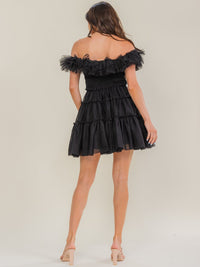 ENTRO WOMEN'S OFF SHOULDER SMOCK WAIST TIERED FIT & FLARE MINI DRESS