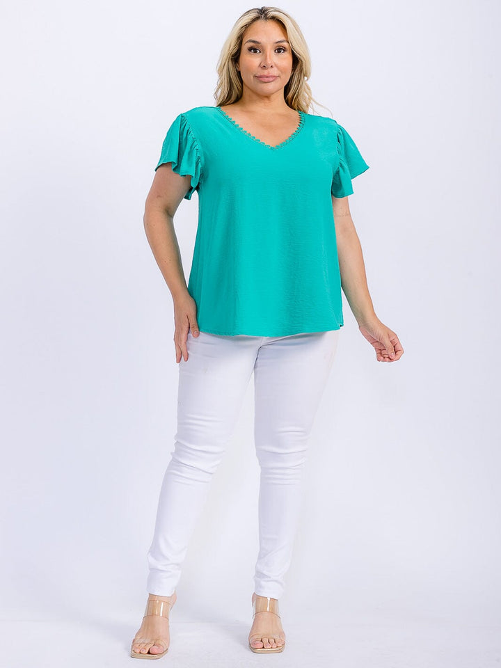 PLUS SIZE SHORT SLEEVE TRIM DETAILED V-NECK BLOUSE