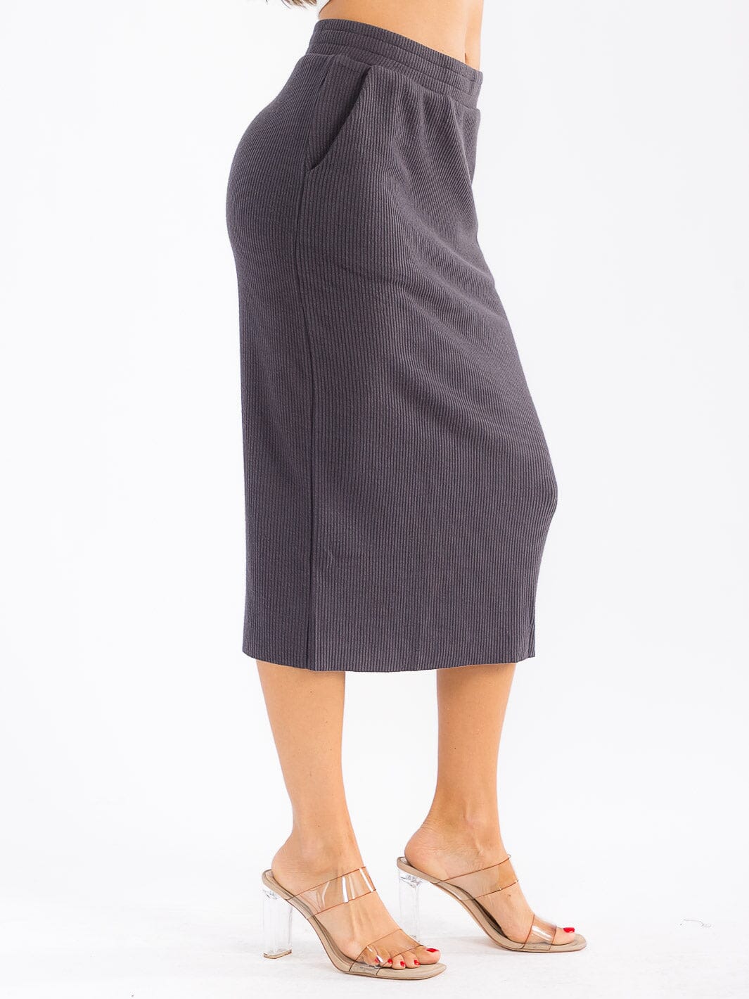 WOMEN'S ELASTIC WAIST FRONT POCKETS RIBBED MIDI SKIRT