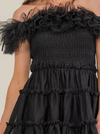 ENTRO WOMEN'S OFF SHOULDER SMOCK WAIST TIERED FIT & FLARE MINI DRESS