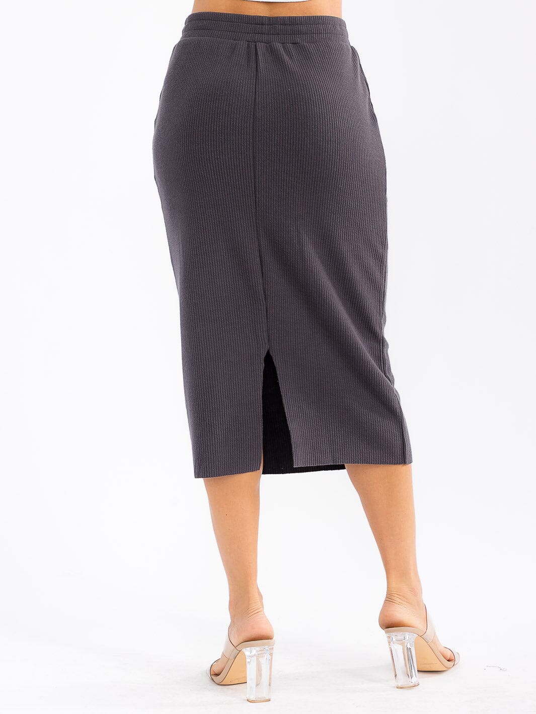 WOMEN'S ELASTIC WAIST FRONT POCKETS RIBBED MIDI SKIRT