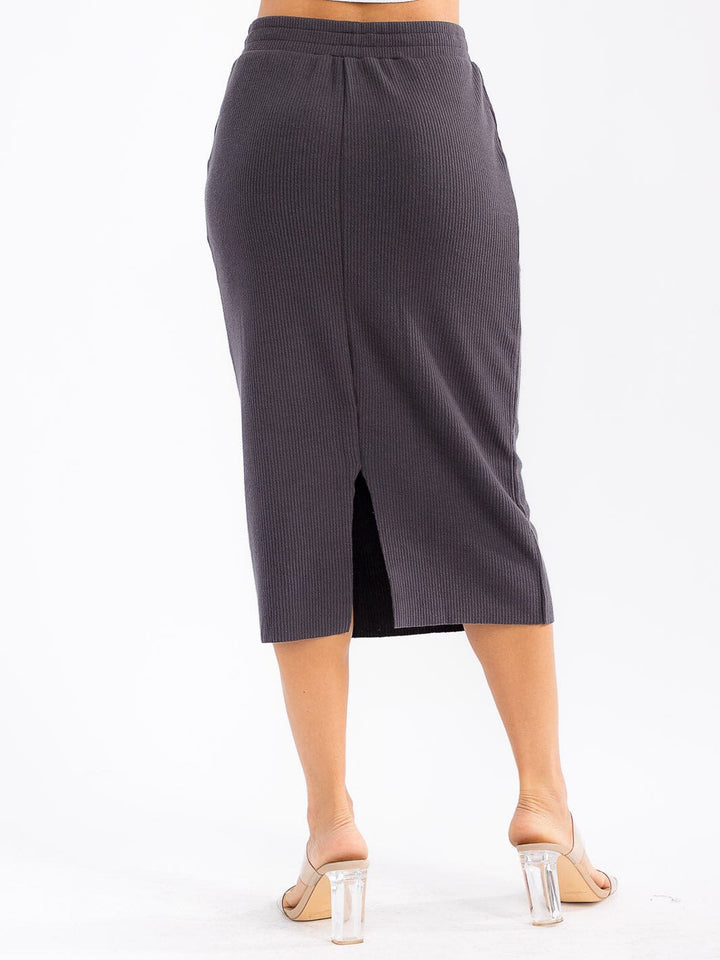 WOMEN'S ELASTIC WAIST FRONT POCKETS RIBBED MIDI SKIRT