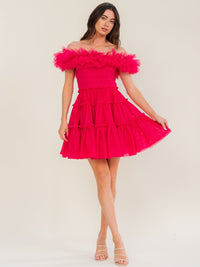 ENTRO WOMEN'S OFF SHOULDER SMOCK WAIST TIERED FIT & FLARE MINI DRESS