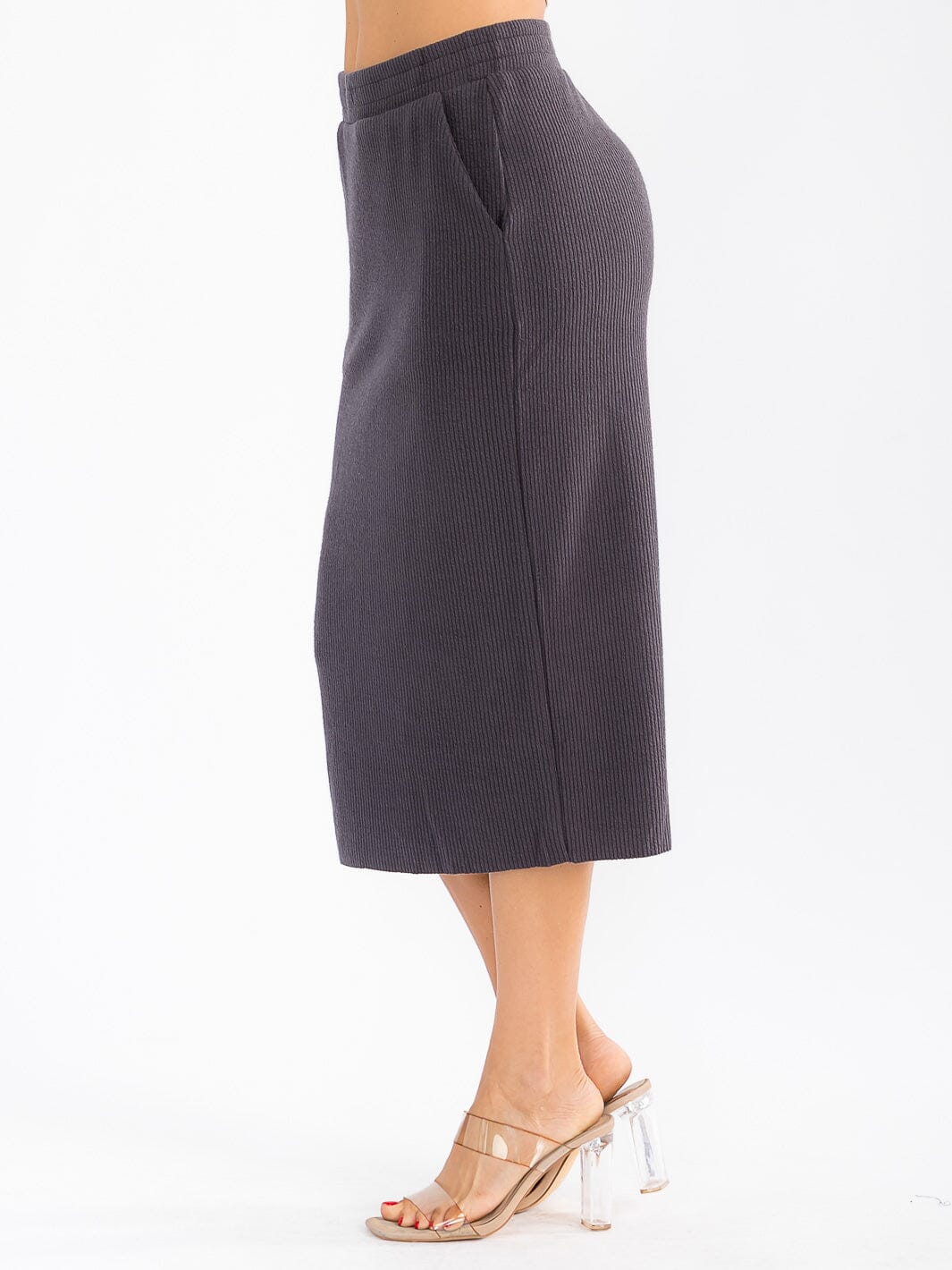 WOMEN'S ELASTIC WAIST FRONT POCKETS RIBBED MIDI SKIRT