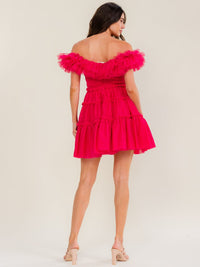 ENTRO WOMEN'S OFF SHOULDER SMOCK WAIST TIERED FIT & FLARE MINI DRESS