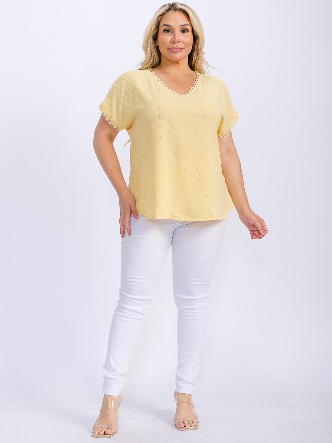 PLUS SIZE SHORT SLEEVE V-NECK SWISS DETAILED HIGH-LOW BLOUSE