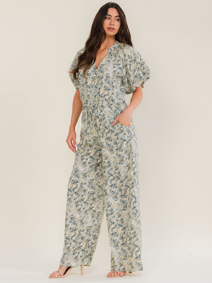 ENTRO WOMEN'S SHORT PUFF SLEEVE V-NECK BUTTON UP FRONT POCKETS WIDE LEG MULTI PRINT JUMPSUIT