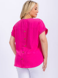 PLUS SIZE SHORT SLEEVE V-NECK SWISS DETAILED HIGH-LOW BLOUSE