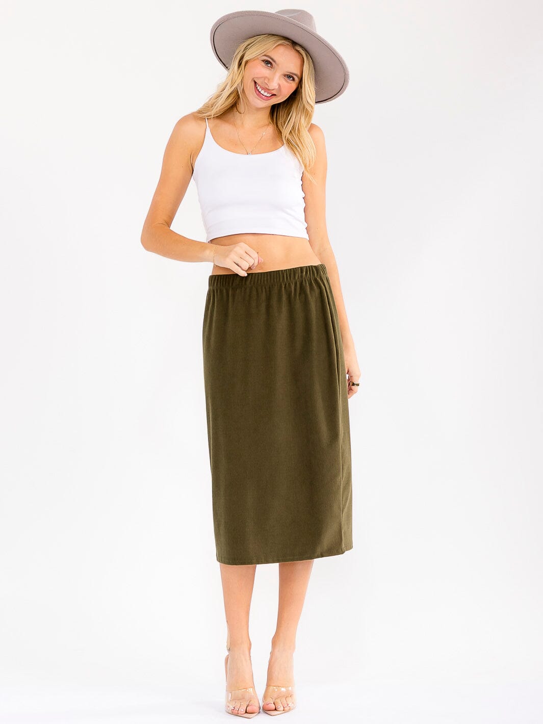 WOMEN'S ELASTIC WAIST CORDUROY MIDI SKIRT