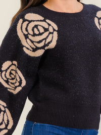 WOMEN'S LONG BALLOON SLEEVE FLORAL PRINT PULLOVER SWEATER