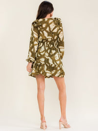 ENTRO WOMEN'S LONG SLEEVE SURPLICE SMOCK WAIST PRINT MINI DRESS