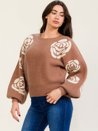 WOMEN'S LONG BALLOON SLEEVE FLORAL PRINT PULLOVER SWEATER