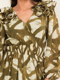 ENTRO WOMEN'S LONG SLEEVE SURPLICE SMOCK WAIST PRINT MINI DRESS