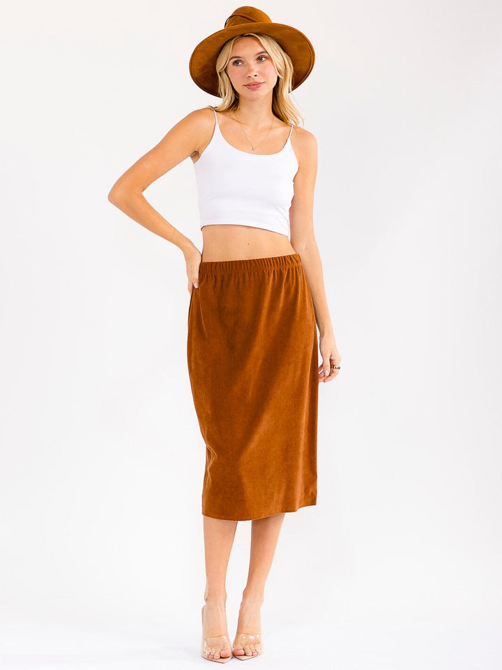 WOMEN'S ELASTIC WAIST CORDUROY MIDI SKIRT