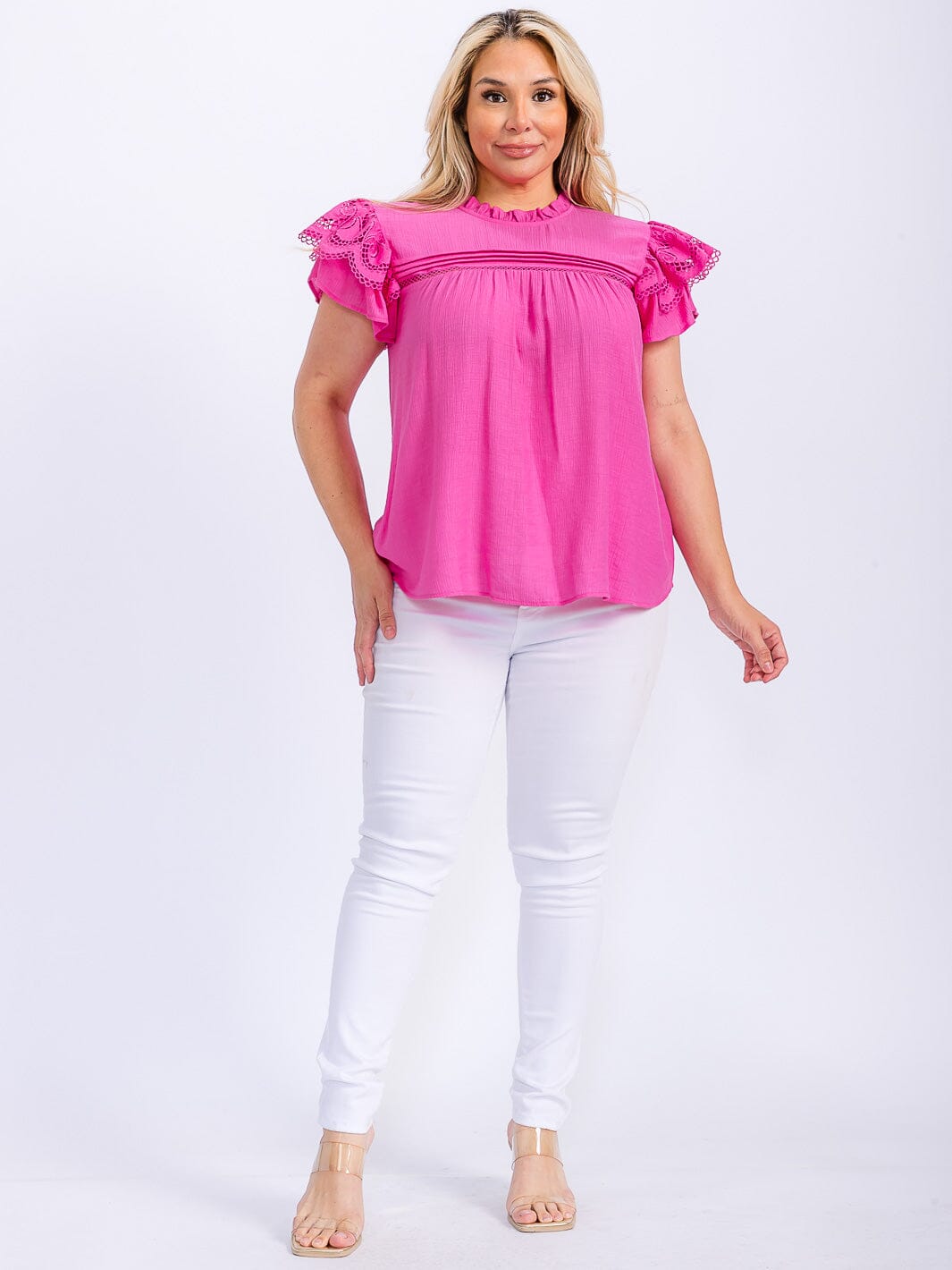 PLUS SIZE SHORT RUFFLE SLEEVE LACE TRIM DETAILED BLOUSE