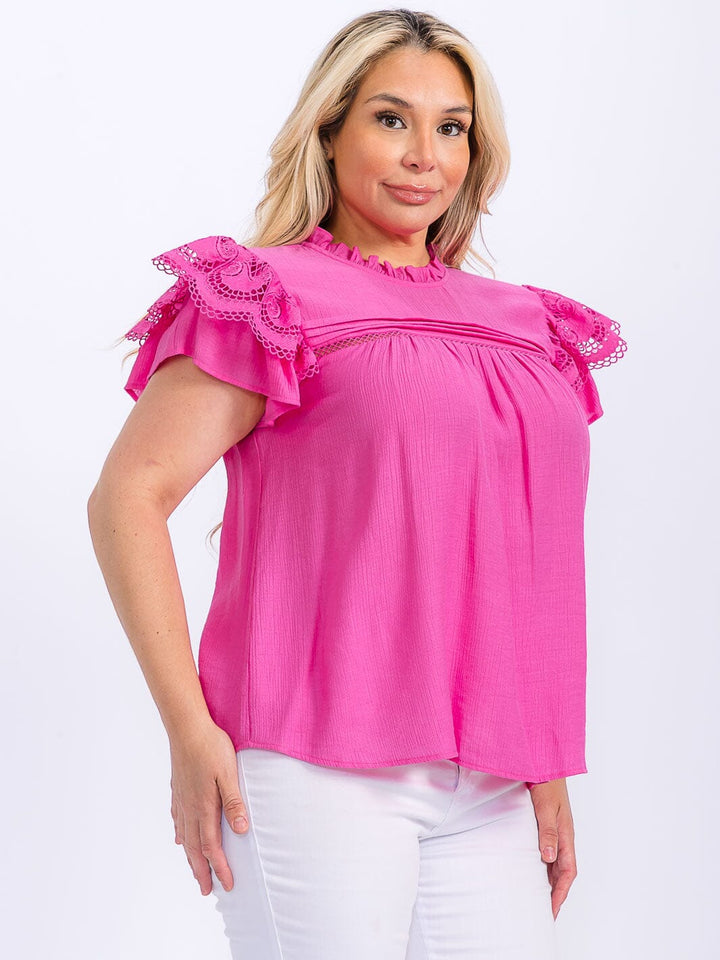 PLUS SIZE SHORT RUFFLE SLEEVE LACE TRIM DETAILED BLOUSE