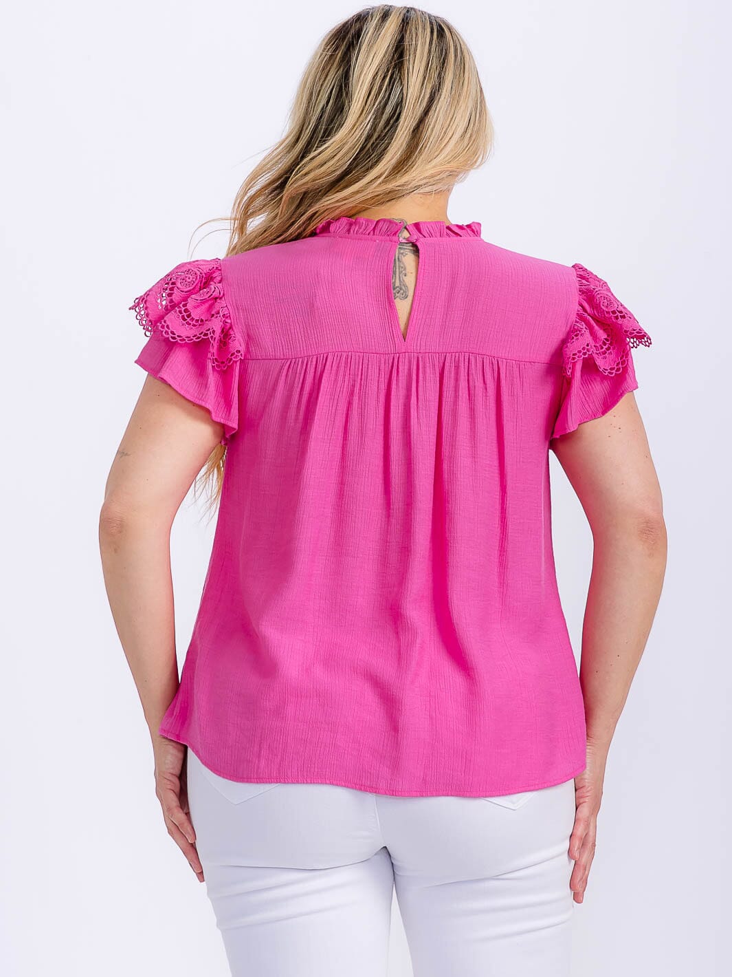 PLUS SIZE SHORT RUFFLE SLEEVE LACE TRIM DETAILED BLOUSE