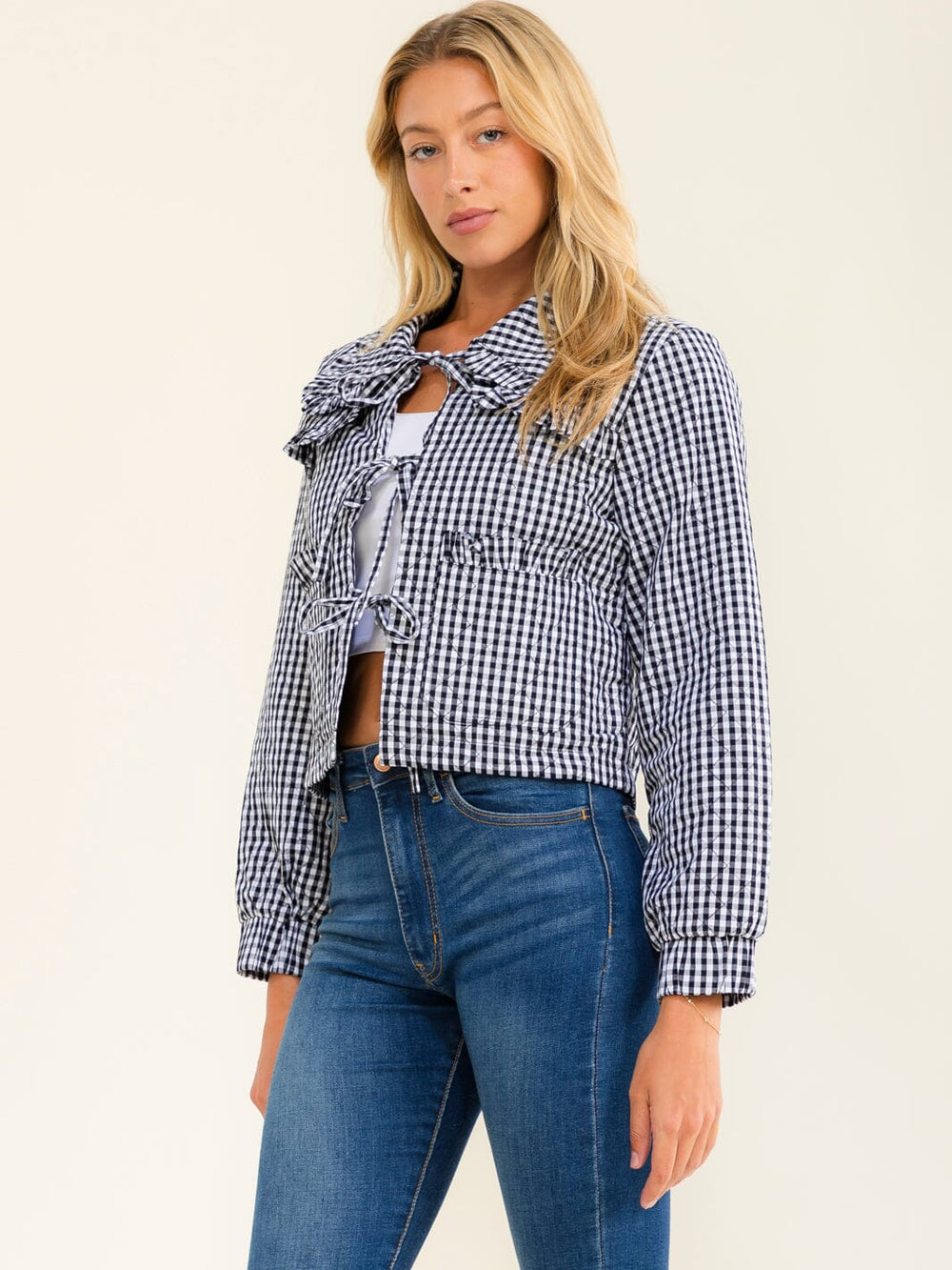 WOMEN'S LONG SLEEVE FRONT TIE UP POCKET PLAID JACKET