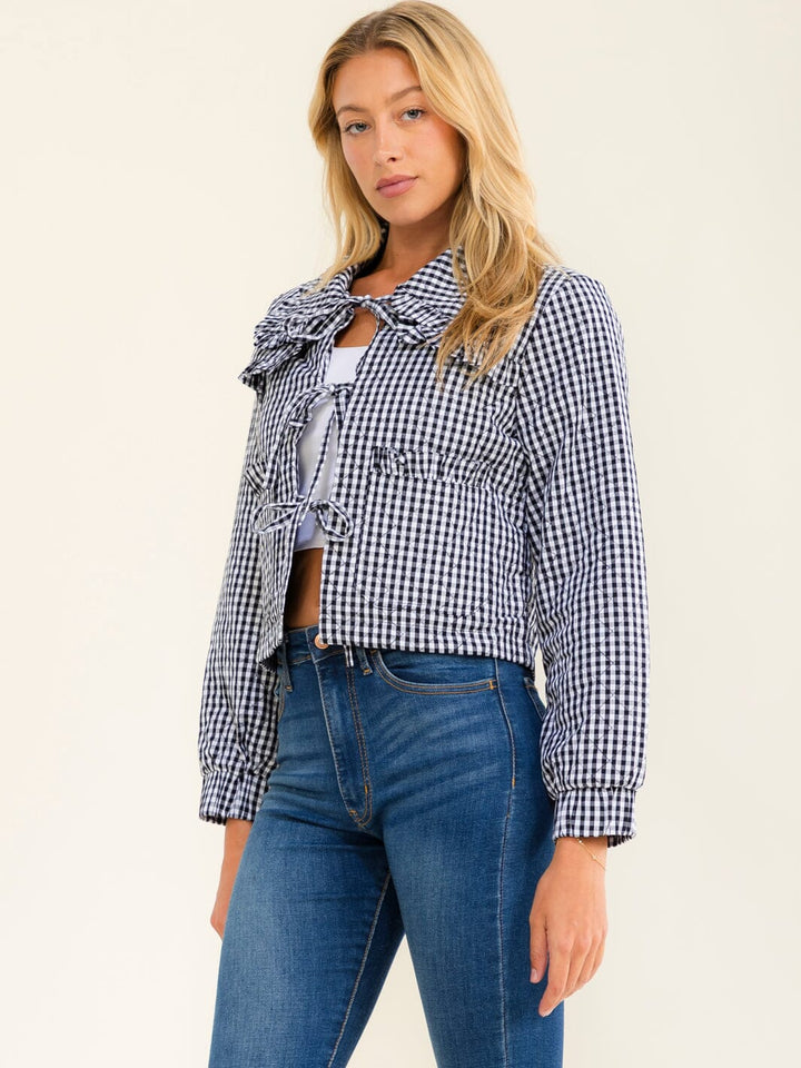 WOMEN'S LONG SLEEVE FRONT TIE UP POCKET PLAID JACKET