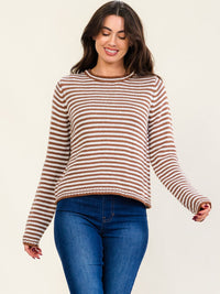 WOMEN'S LONG SLEEVE COLORBLOCK STRIPES KNIT PULLOVER SWEATER