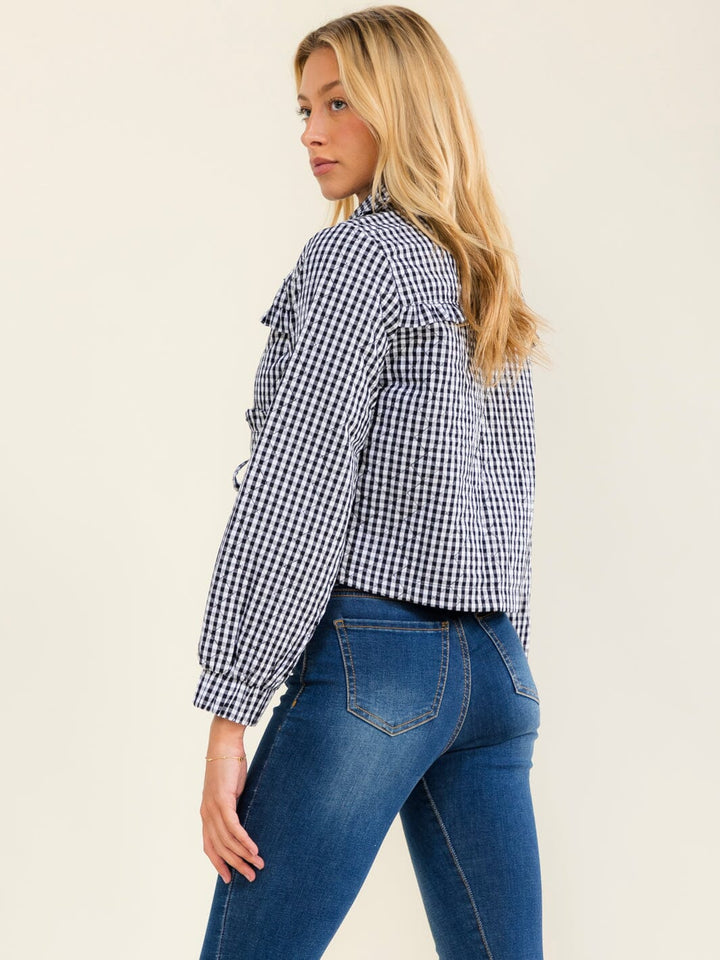 WOMEN'S LONG SLEEVE FRONT TIE UP POCKET PLAID JACKET