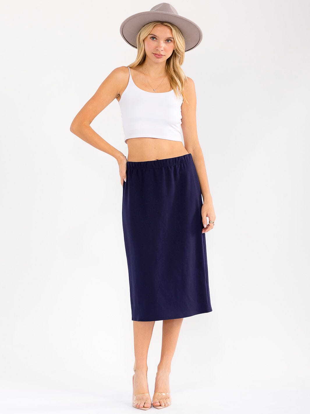 WOMEN'S ELASTIC WAIST SOLID MIDI SKIRT