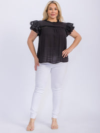 PLUS SIZE SHORT RUFFLE SLEEVE LACE TRIM DETAILED BLOUSE