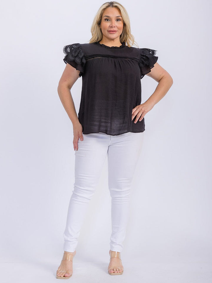 PLUS SIZE SHORT RUFFLE SLEEVE LACE TRIM DETAILED BLOUSE