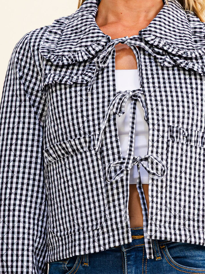 WOMEN'S LONG SLEEVE FRONT TIE UP POCKET PLAID JACKET